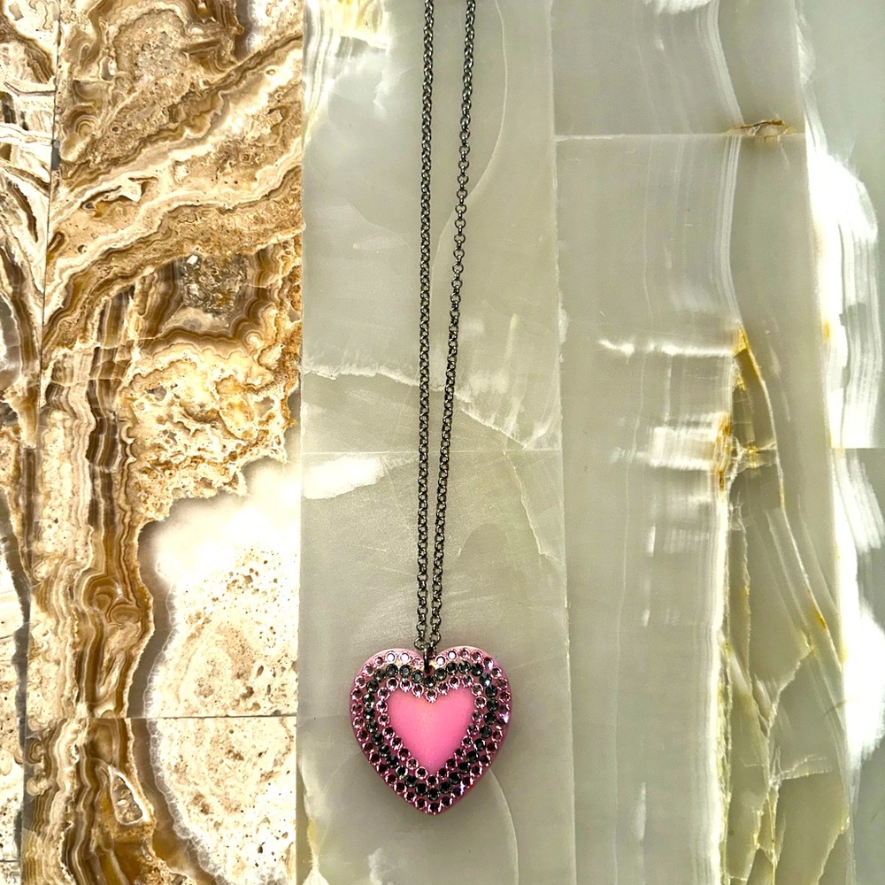 Tarina Tarintino 2 1/4" long chain Pink Swarovski Iridescent Heart Necklace